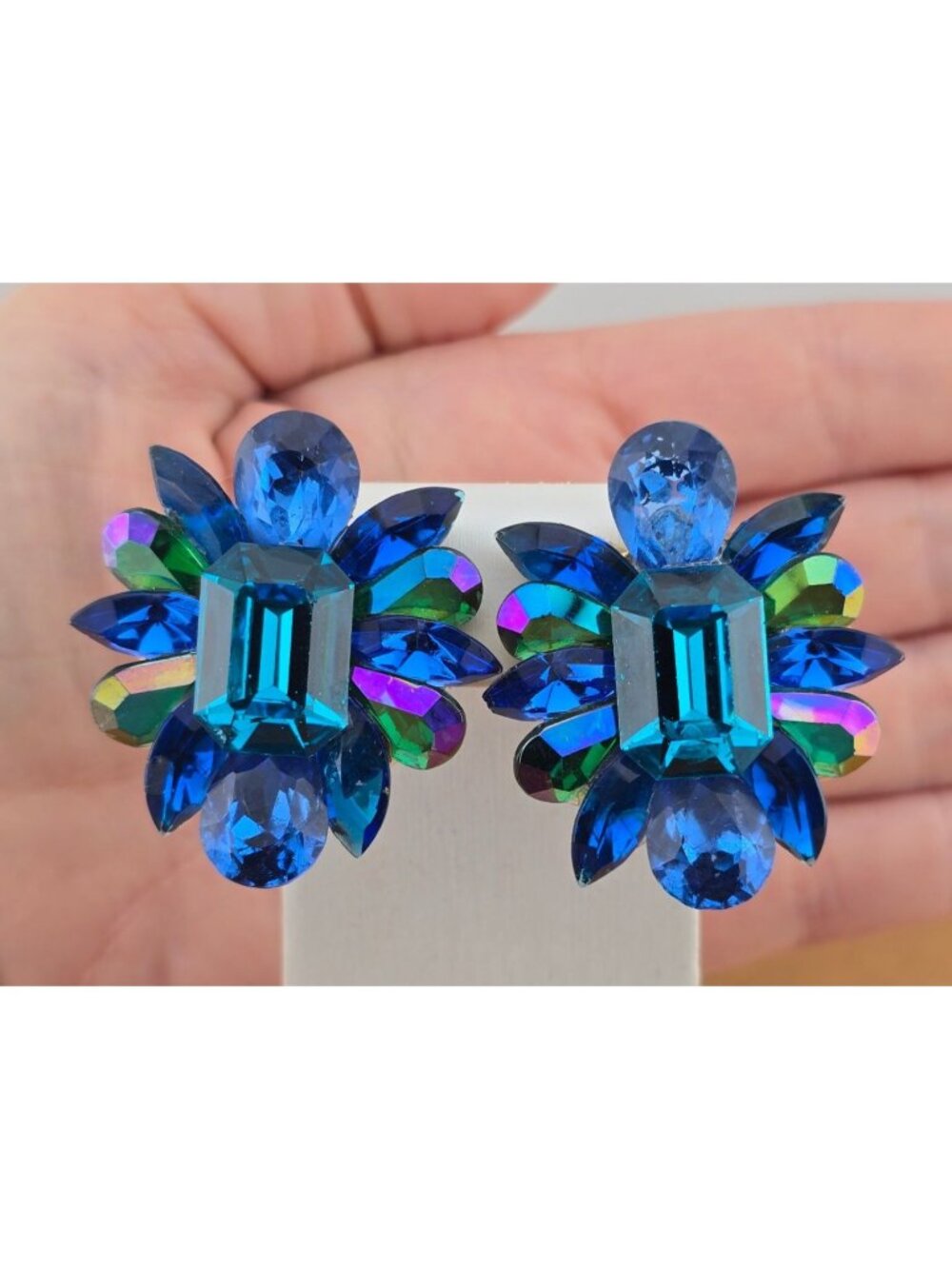 Vintage Blue Green Iridescent Crystal Clip-On Earrings By Michele Sugar